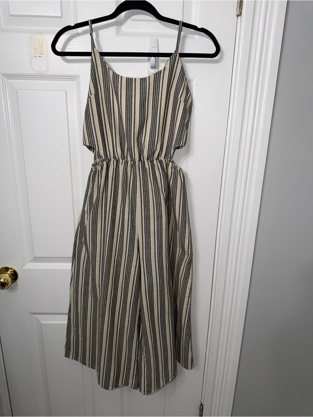 Audrey 3+1 Cream and Black Striped Spaghetti-Strap jumpsuit open back and sides